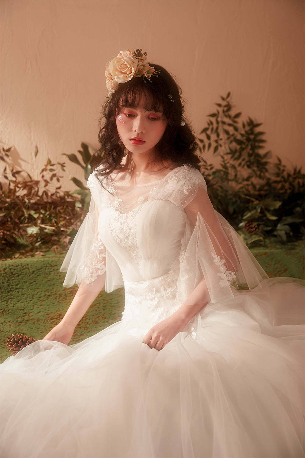 Romantic A-Line Wedding Dress with Illusion Neckline and Bell Sleeves
