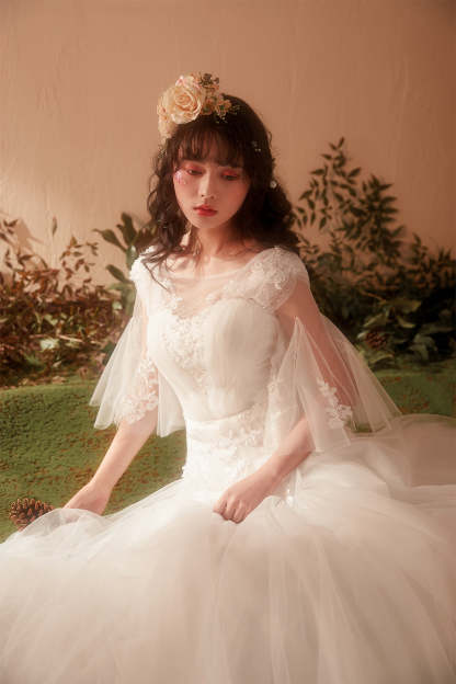 Romantic A-Line Wedding Dress with Illusion Neckline and Bell Sleeves