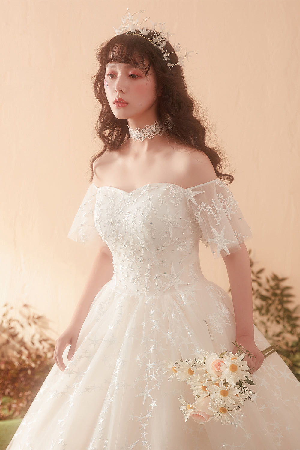 Ethereal Off-Shoulder Ball Gown Wedding Dress with Starry Embroidery