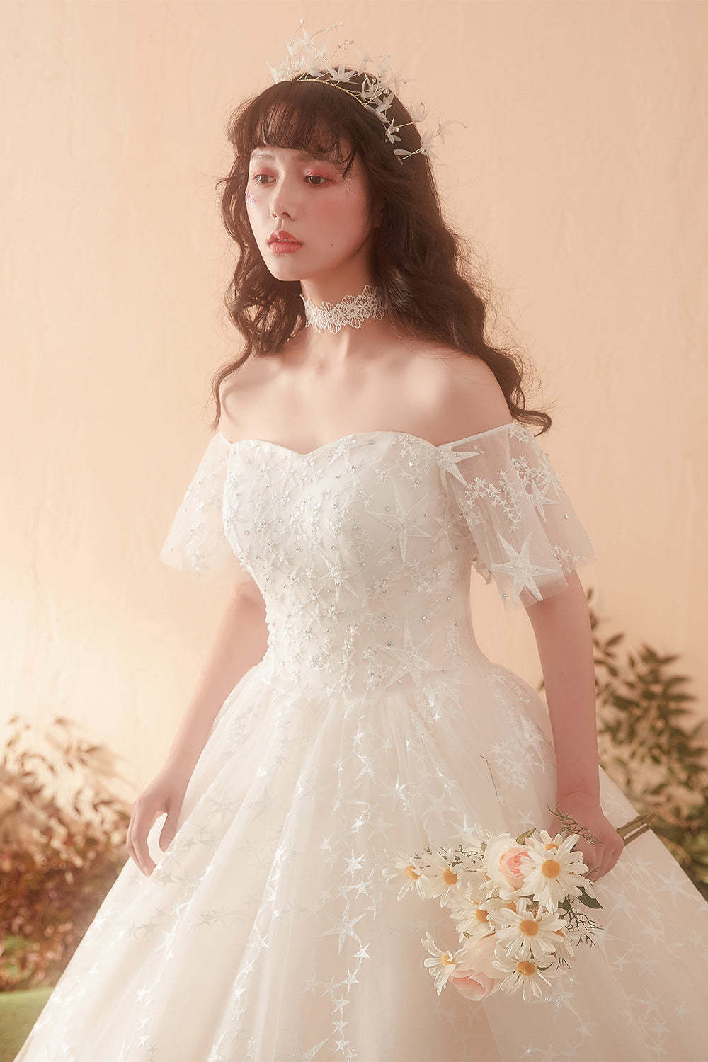 Ethereal Off-Shoulder Ball Gown Wedding Dress with Starry Embroidery