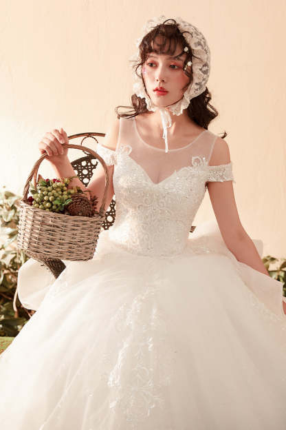 Elegant Off-Shoulder A-Line Wedding Gown with Lace Embroidery
