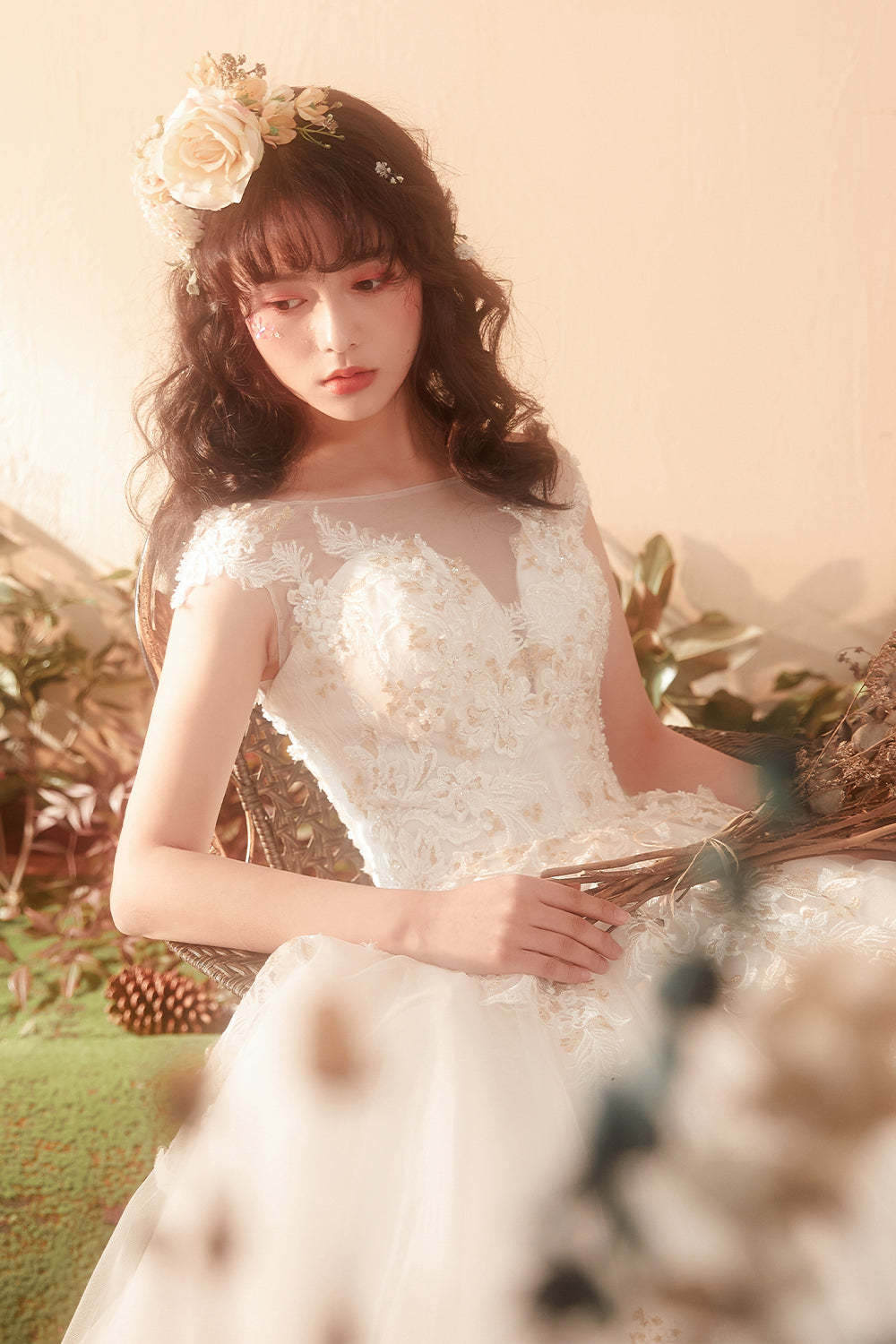 Elegant Floral Lace Ball Gown Wedding Dress with Illusion Neckline