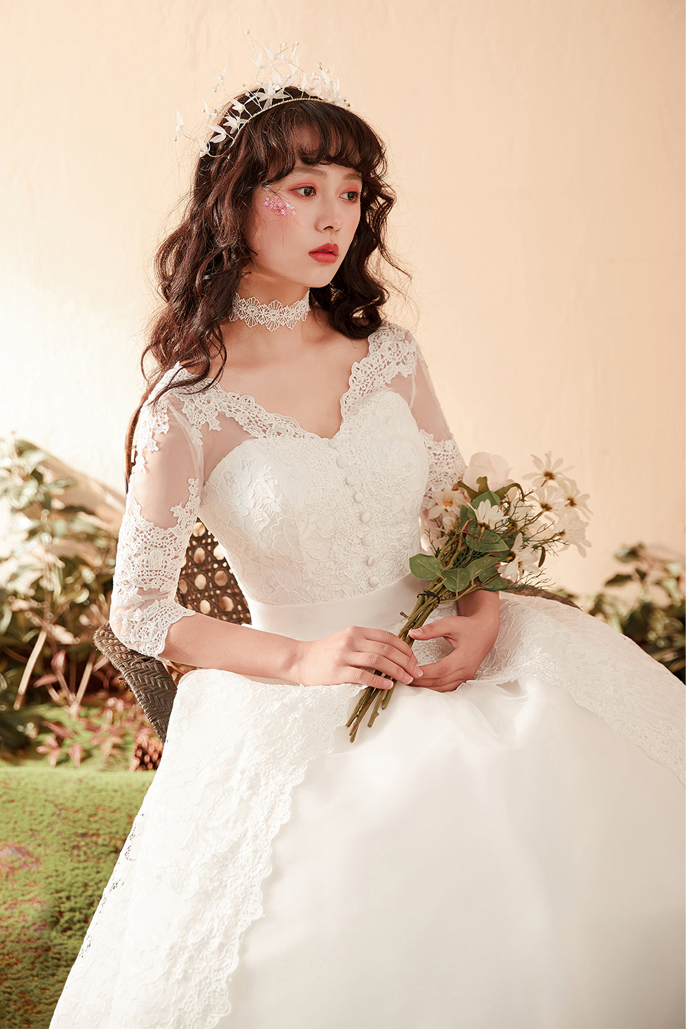 Graceful Lace Overlay A-Line Wedding Dress with 3/4 Sleeves