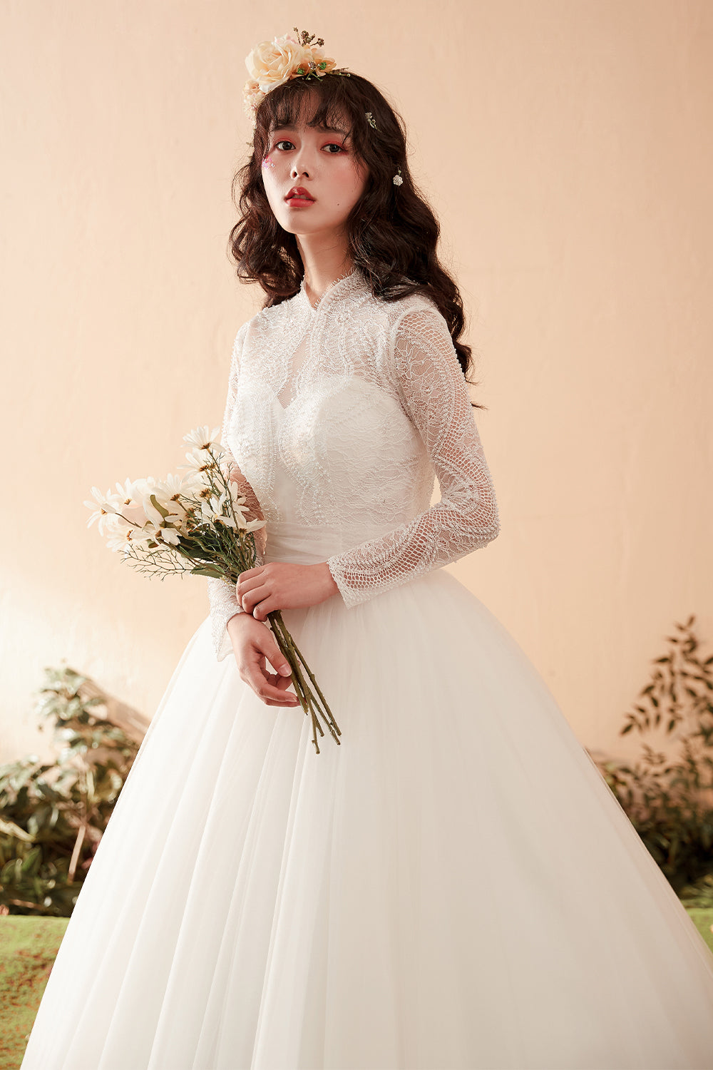 Timeless Graceful High-Neck Lace Bridal Gown with Long Sleeves