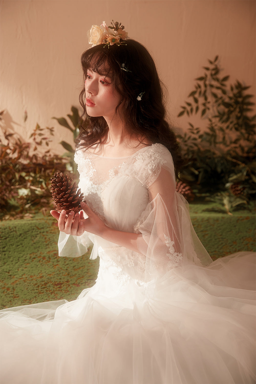 Romantic A-Line Wedding Dress with Illusion Neckline and Bell Sleeves