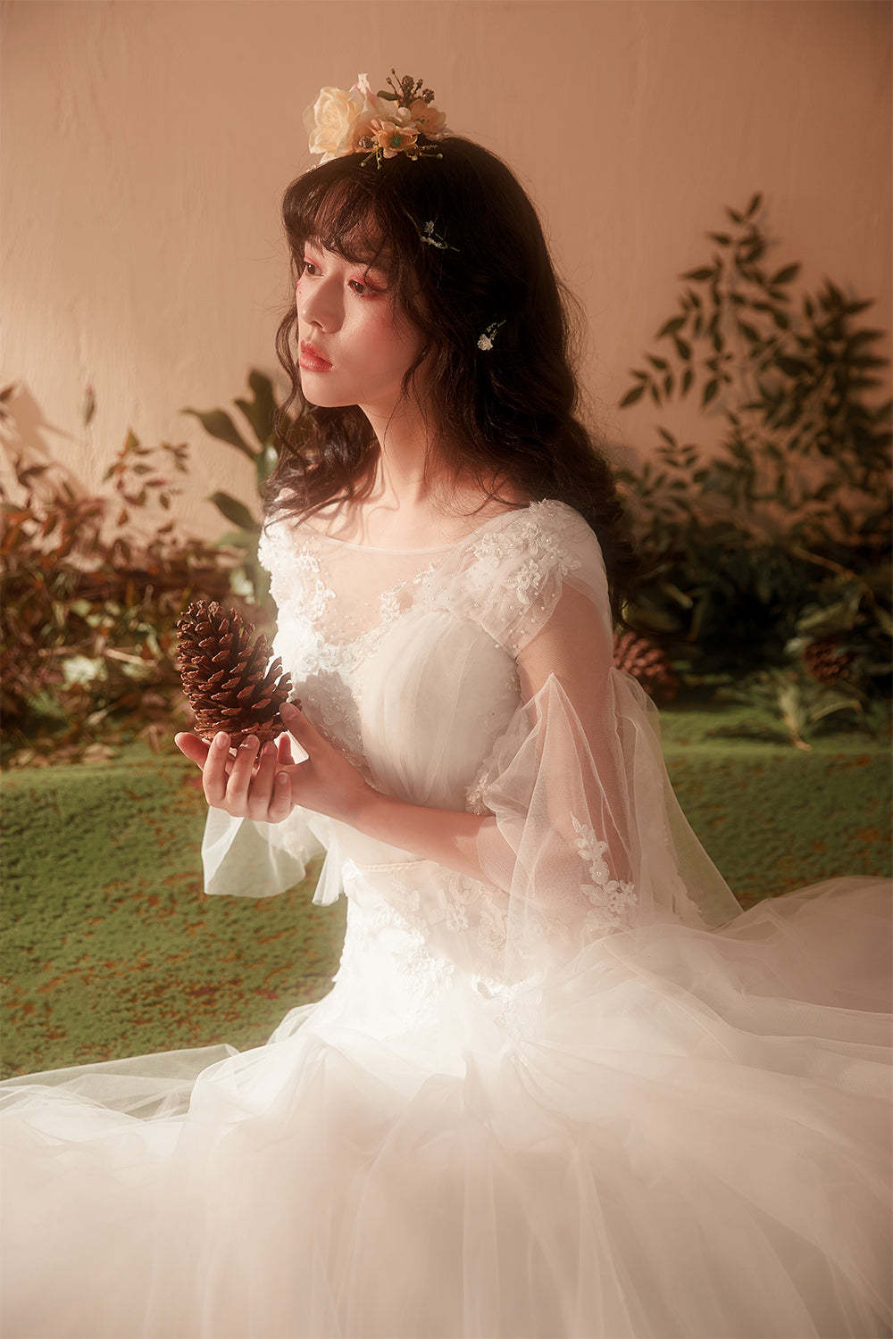 Romantic A-Line Wedding Dress with Illusion Neckline and Bell Sleeves