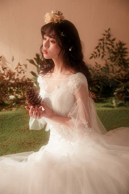 Romantic A-Line Wedding Dress with Illusion Neckline and Bell Sleeves