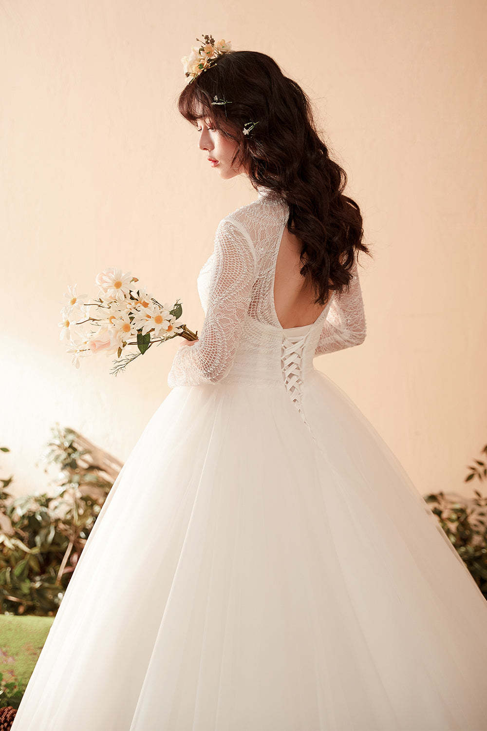 Timeless Graceful High-Neck Lace Bridal Gown with Long Sleeves