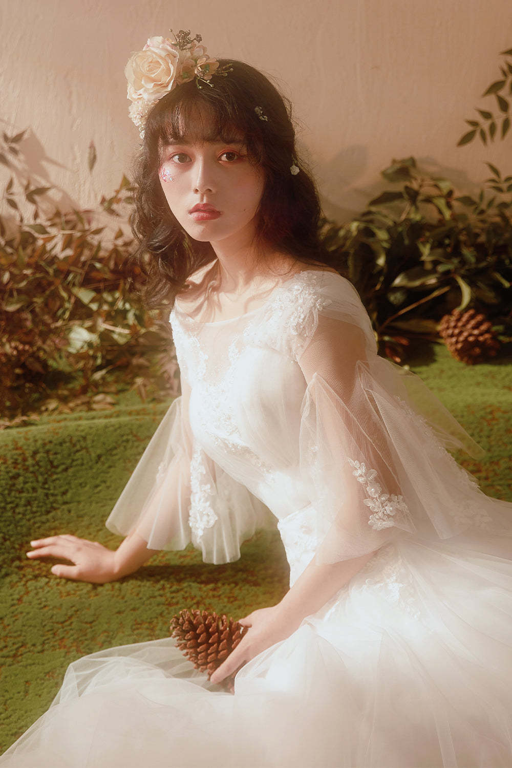 Romantic A-Line Wedding Dress with Illusion Neckline and Bell Sleeves