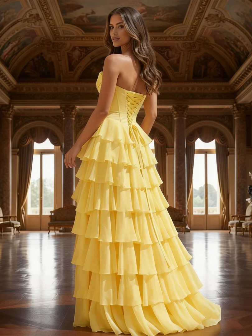Yellow Strapless A-Line Ruffle Long Prom Dress With Split