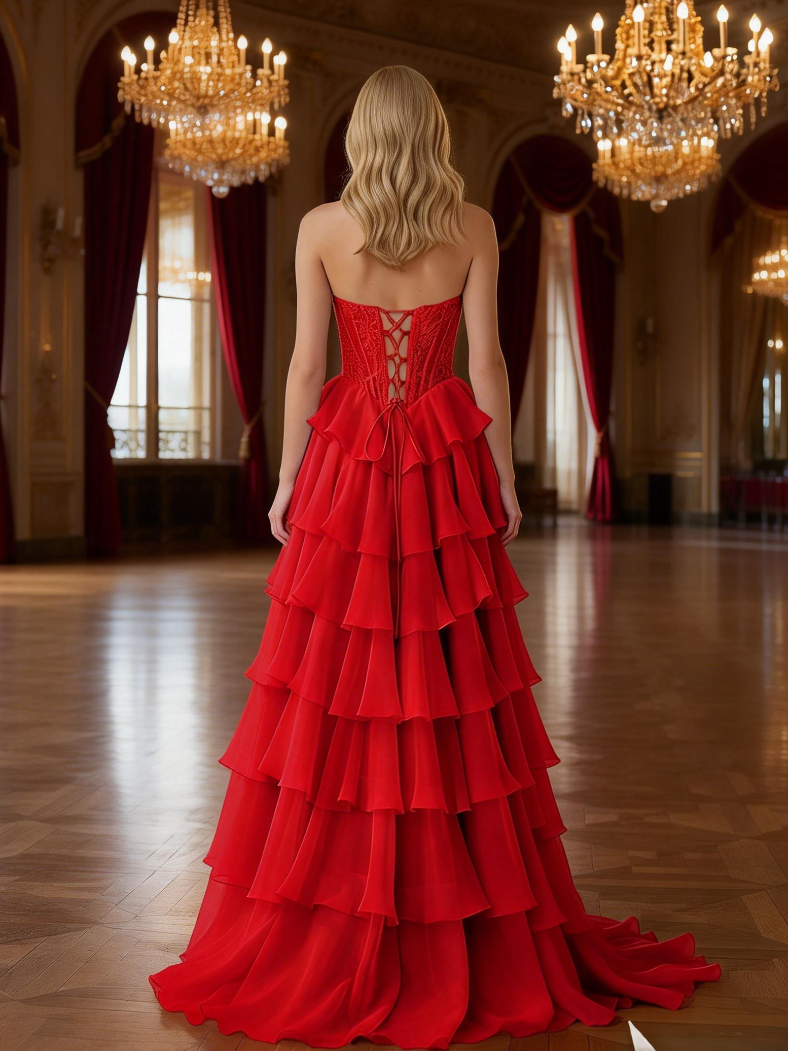 Red Strapless A-Line Chiffon Ruffled Prom Dresses With Appliques