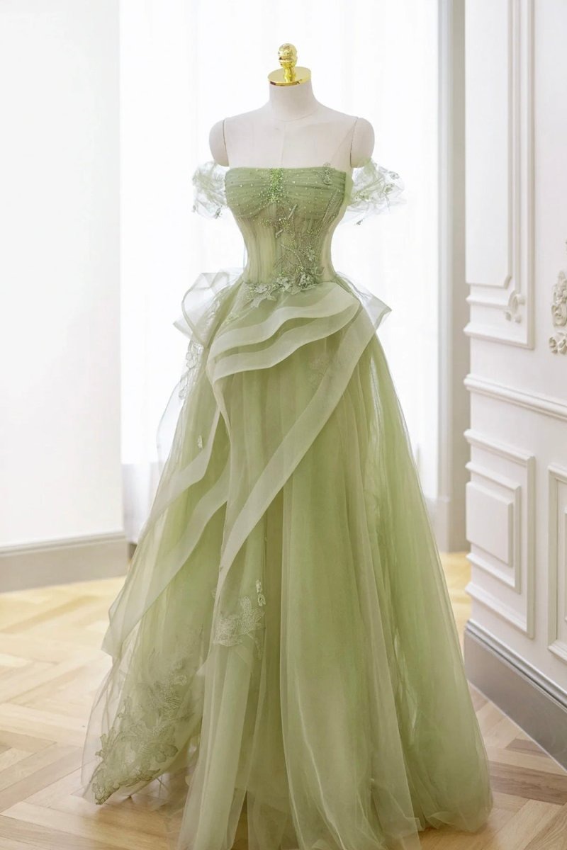 Green Off-the-Shoulder A-Line Tulle Ball Gown with Ruffled Sleeves and Floral Embroidery