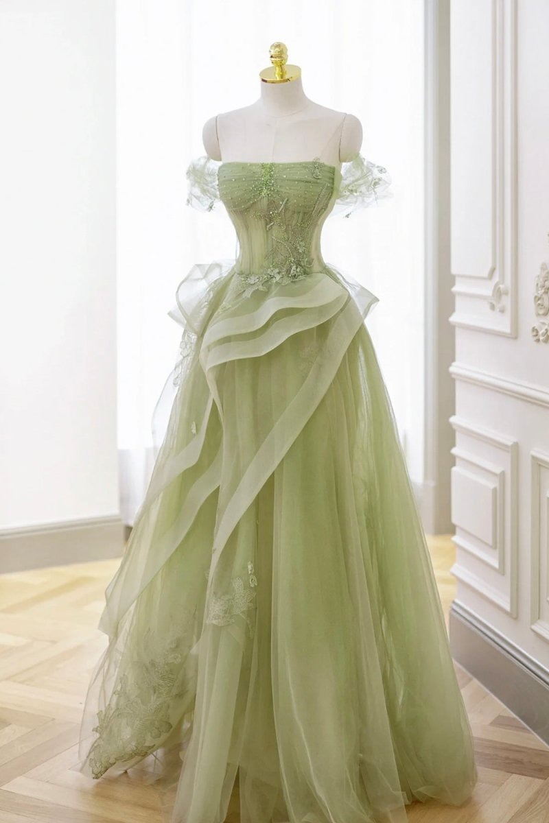 Green Off-the-Shoulder A-Line Tulle Ball Gown with Ruffled Sleeves and Floral Embroidery