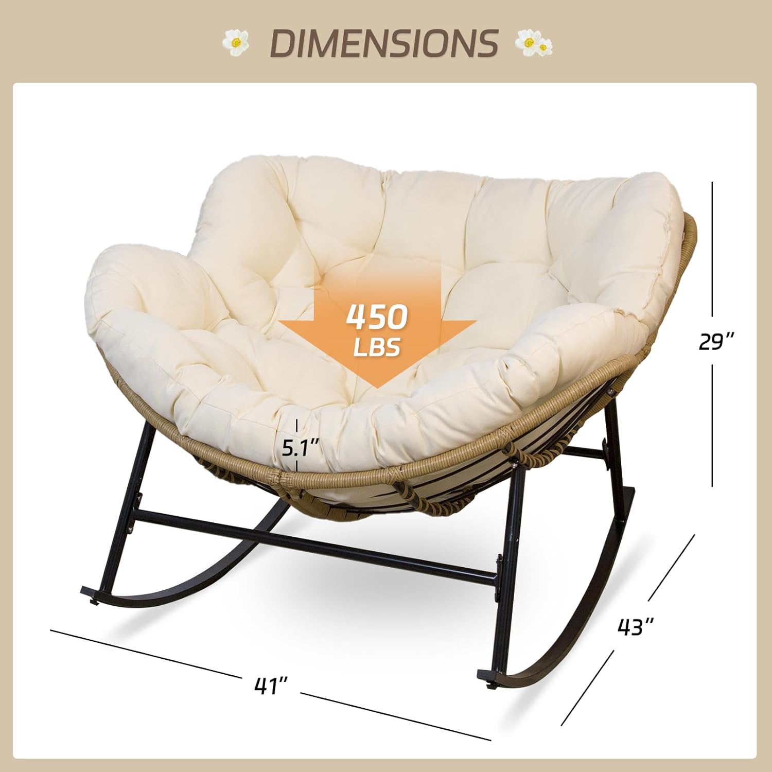 2 PCS Rocking Egg Chair Indoor Outdoor, Wicker Rattan Rocking Papasan Chairs with Thick Cushion, 450 Lbs Extra Wide Patio Rocker, Outdoor Furniture for Balcony