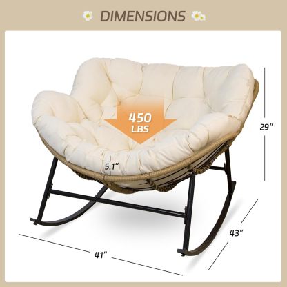 2 PCS Rocking Egg Chair Indoor Outdoor, Wicker Rattan Rocking Papasan Chairs with Thick Cushion, 450 Lbs Extra Wide Patio Rocker, Outdoor Furniture for Balcony