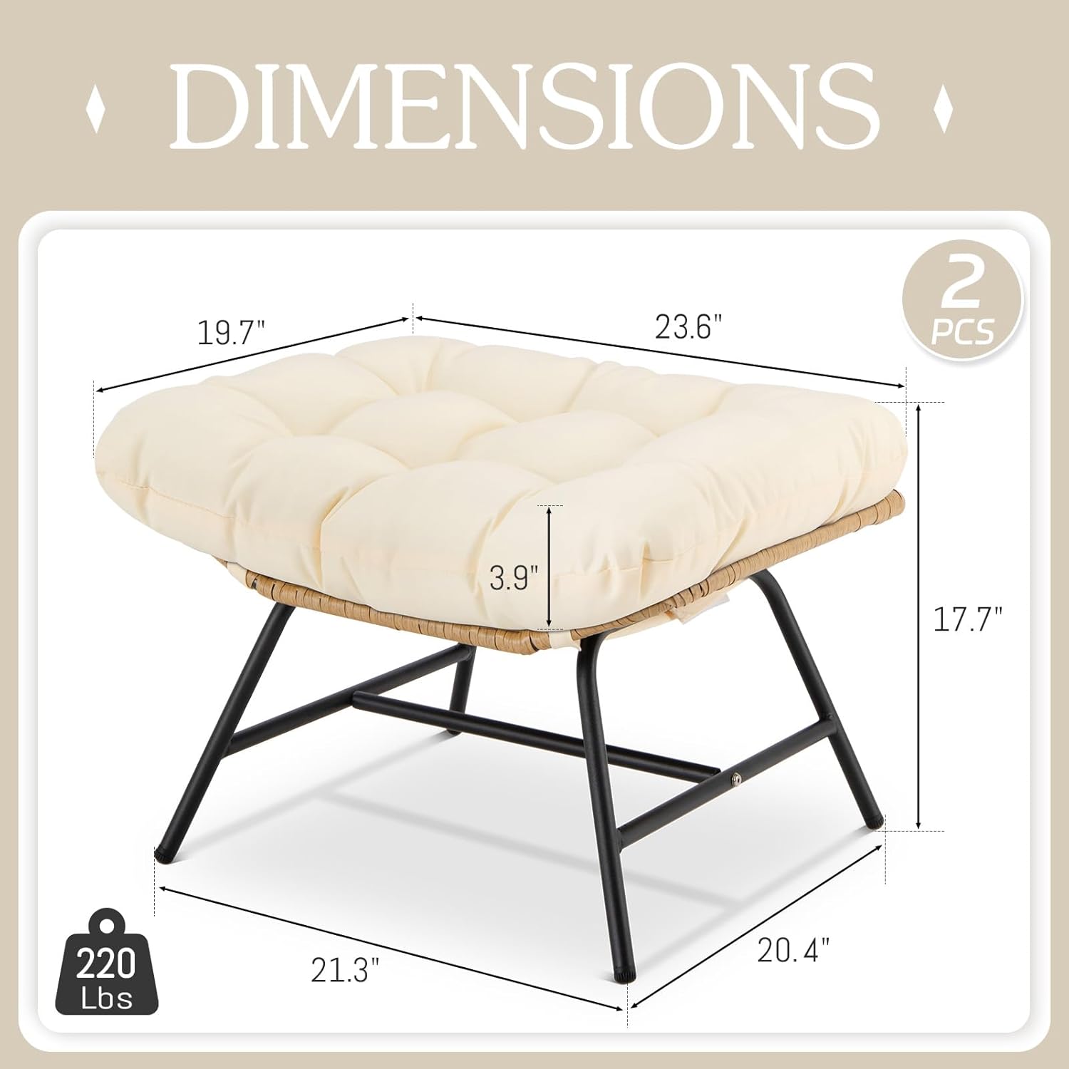 2 Pieces Outdoor Patio Ottomans, Multipurpose All Weather PE Rattan Ottoman Set, Indoor Outdoor Wicker Footrest with Removable Thicken Padded Cushions