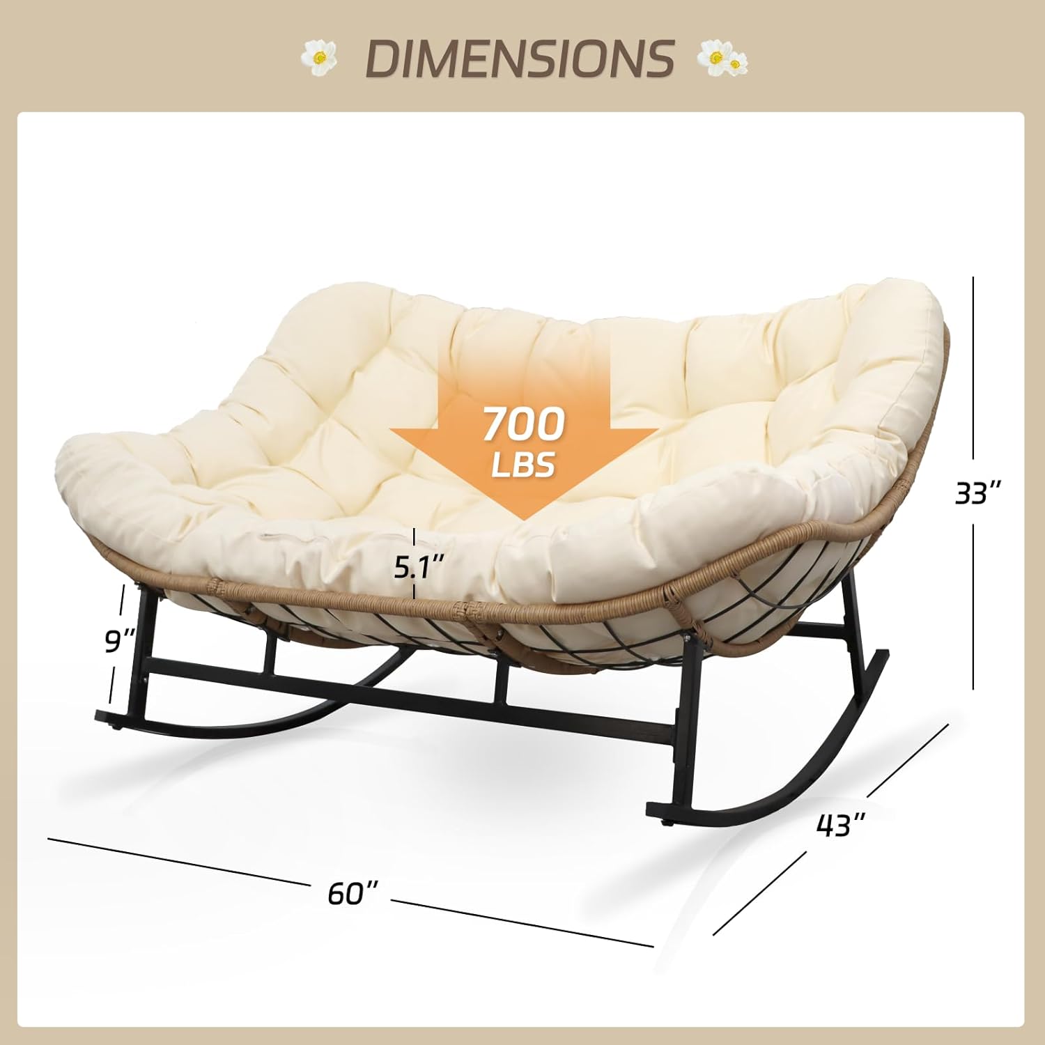 Double Wide Papasan Rocking Chair with Cushion, Oversized Rattan Rocking Egg Chair Outdoor for 2, Extra Large 700 lbs. Heavy Duty Royal Patio Lounge Loveseat