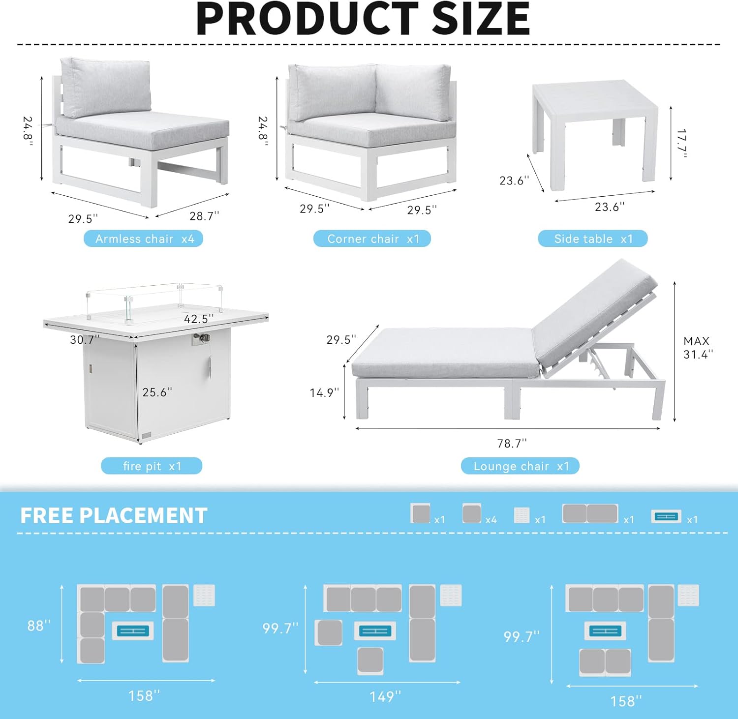8 Pcs White Aluminum Patio Furniture Set with Fire Pit Table & Light Gray Cushion, Large Modern Outdoor Modular Sectional Sofa