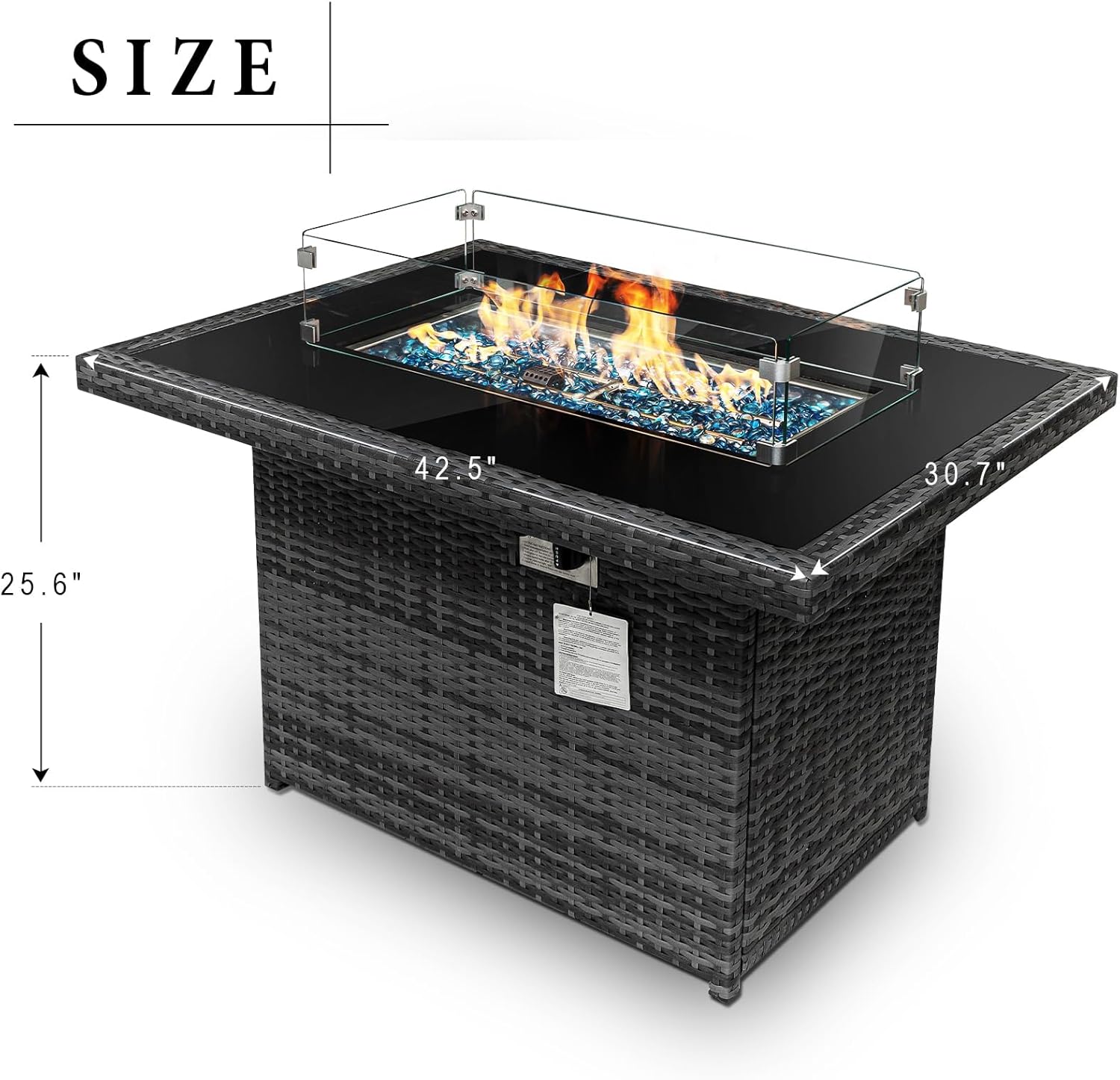 PE Wicker 43" Patio Outdoor Propane Fire Pit Table with Waterproof Cover 55,000 BTU Auto-Ignition Gas Fire Pit Table with 8mm Tempered Glass Table Top and Glass Stone