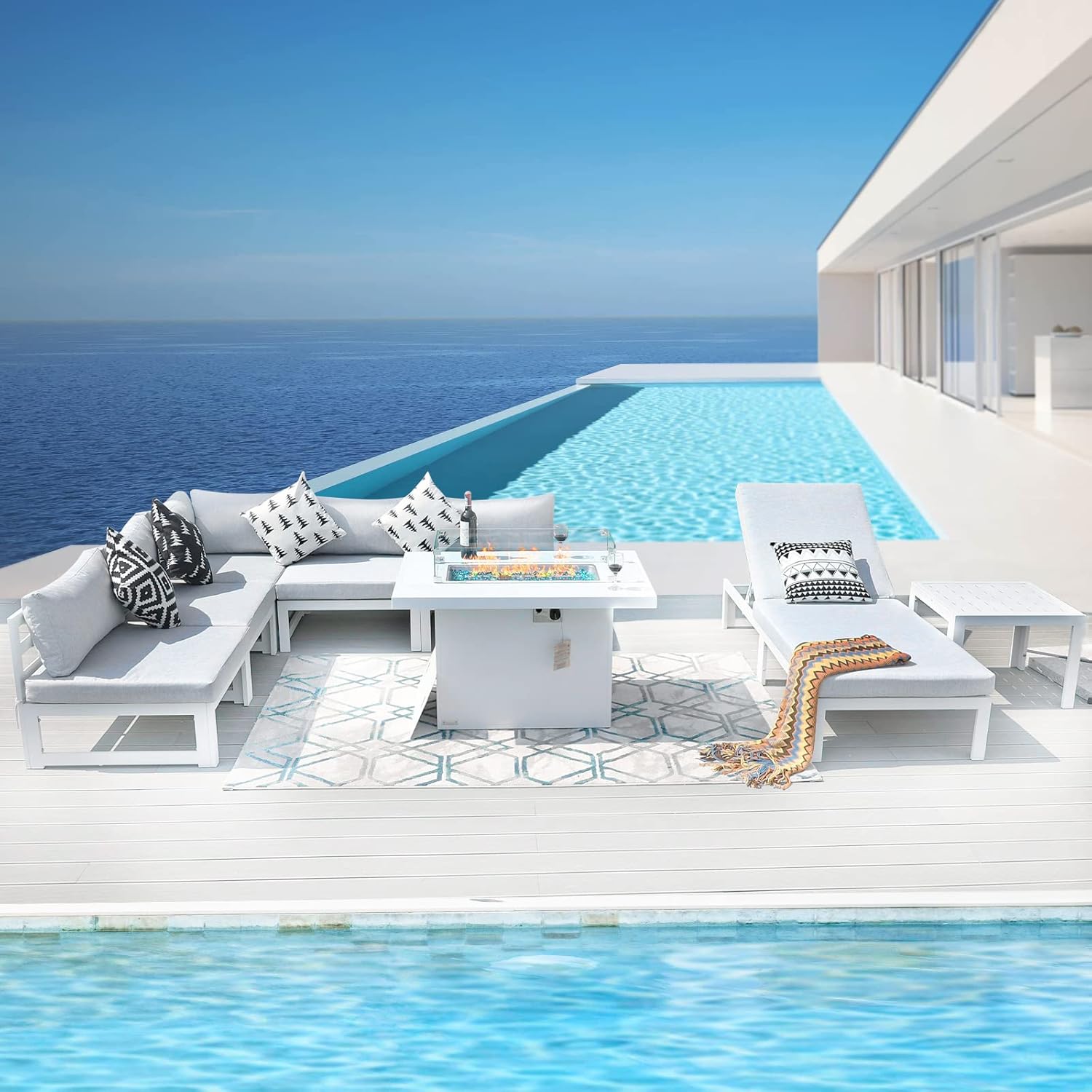 8 Pcs White Aluminum Patio Furniture Set with Fire Pit Table & Light Gray Cushion, Large Modern Outdoor Modular Sectional Sofa