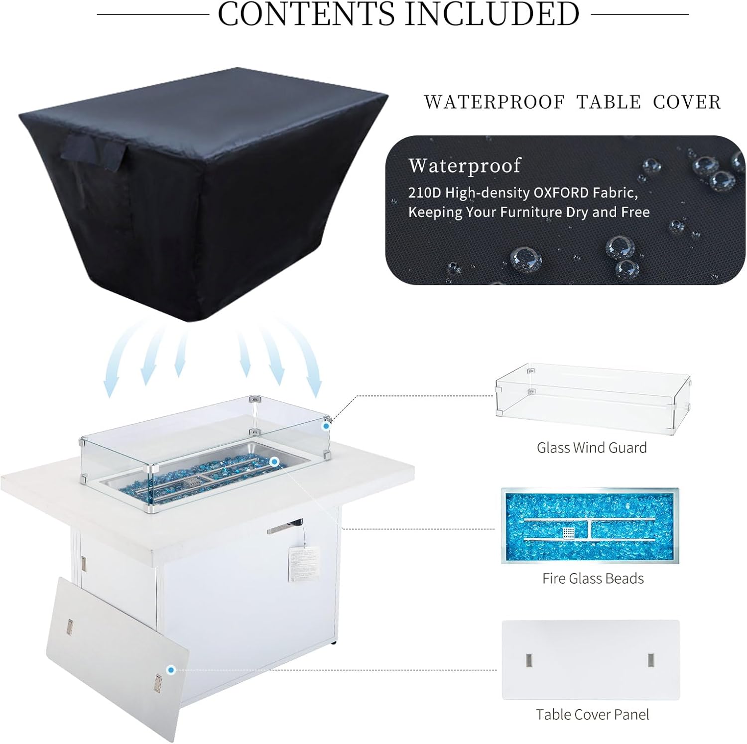 43" Aluminum Outdoor Propane Fire Pit Table, 60,000 BTU Rectangular Firepit Coffee Table with Wind Guard & Glass Stone, Large CSA Safety Approved Fireplace for Backyard Deck Garden