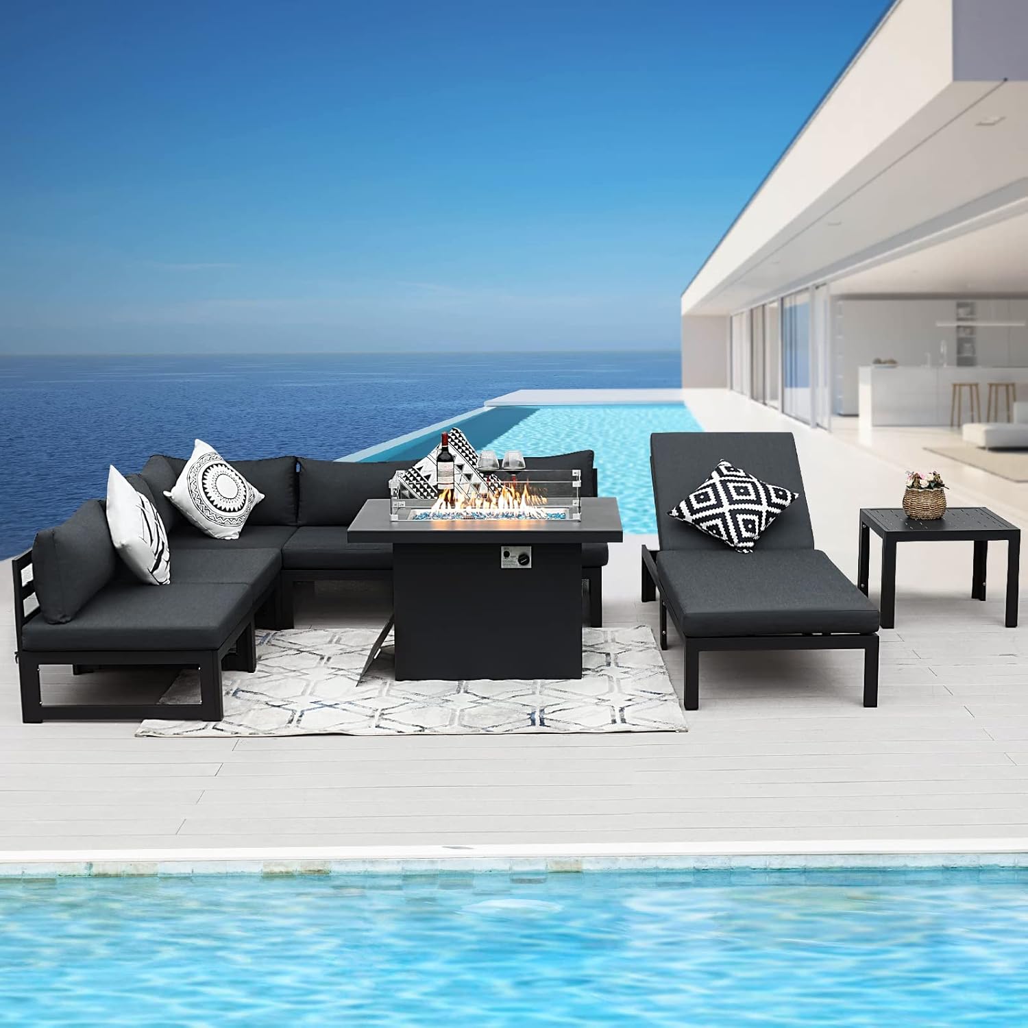 8 Pcs White Aluminum Patio Furniture Set with Fire Pit Table & Light Gray Cushion, Large Modern Outdoor Modular Sectional Sofa