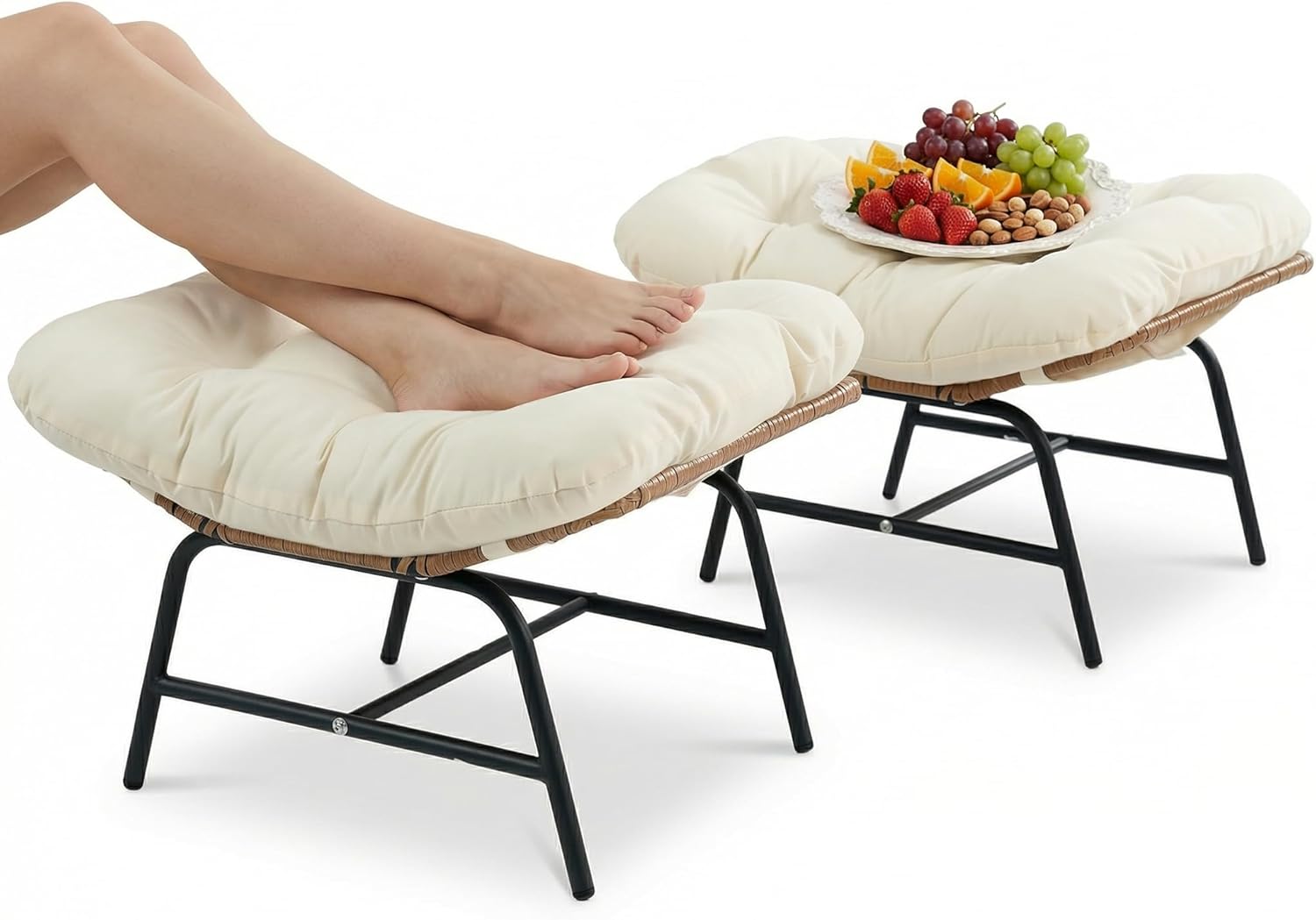 2 Pieces Outdoor Patio Ottomans, Multipurpose All Weather PE Rattan Ottoman Set, Indoor Outdoor Wicker Footrest with Removable Thicken Padded Cushions