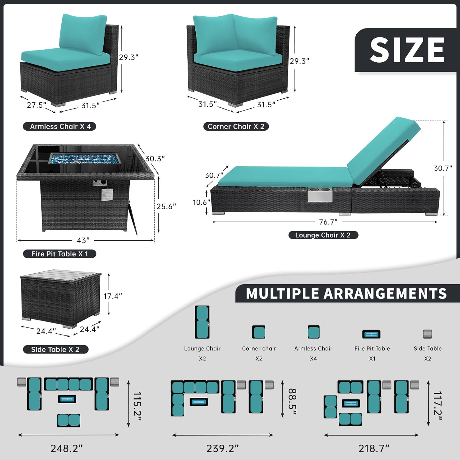 11 Piece Large High Back Outdoor Patio Furniture Sets with Firepit and Loungers, Cozy Extra Deep Wide Seating Sectional Conversation Couch Backyard Sitting Sets