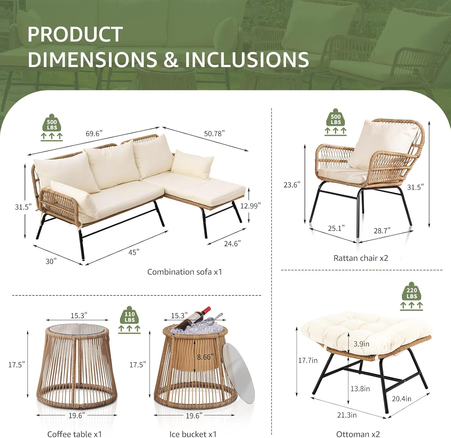 Beige Boho Outdoor Patio Furniture Sets with 2 PE Wicker Chairs, 2 Ottomans and 1 Side Table, Small Conversation Sectional Chair Sets for Backyard