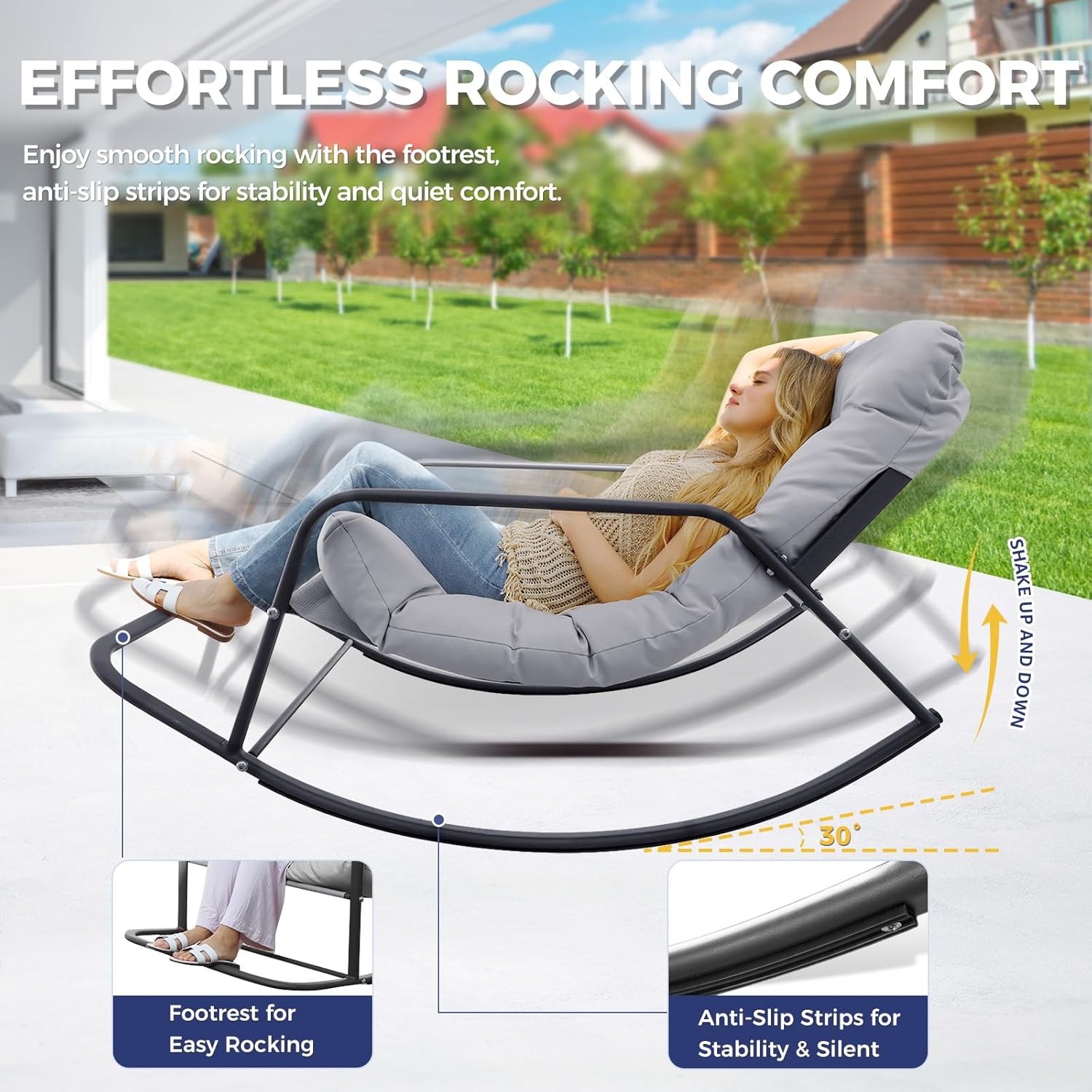 Oversized Indoor Outdoor Lounge Royal Rocking Chair with Armrest Footrest for Napping Relaxing, Heavy Duty Patio Reclining Papasan Rocker Chair