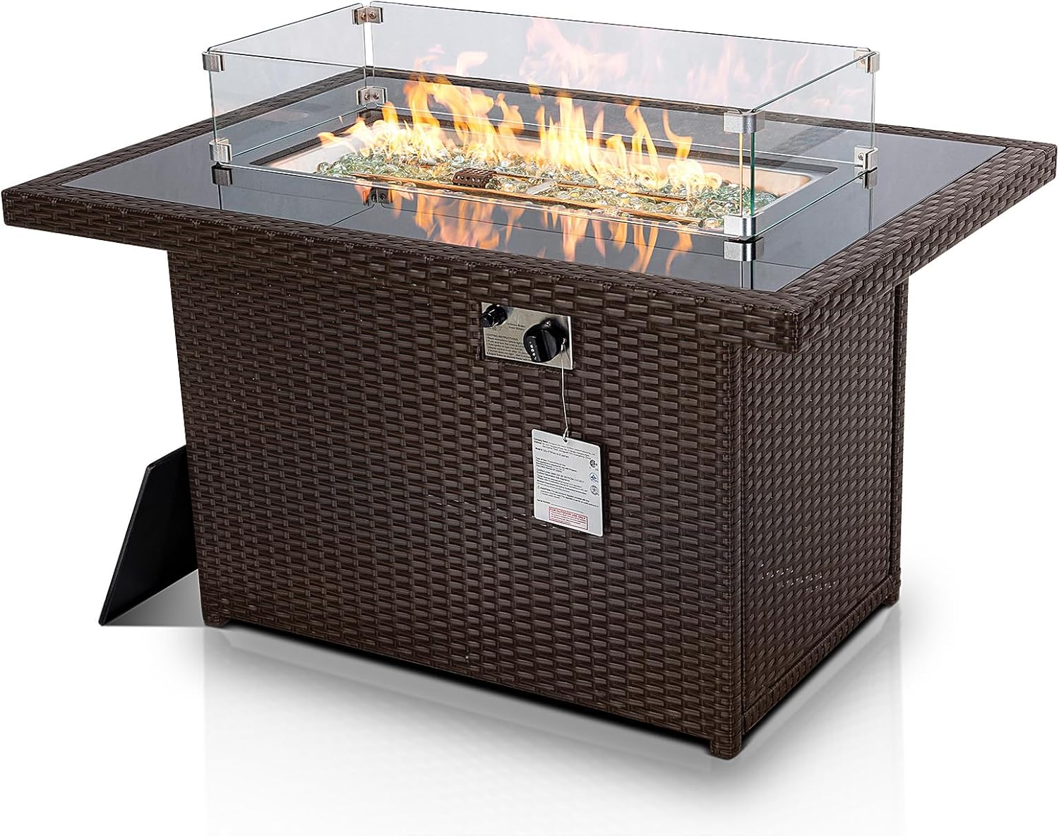 PE Wicker 43" Patio Outdoor Propane Fire Pit Table with Waterproof Cover 55,000 BTU Auto-Ignition Gas Fire Pit Table with 8mm Tempered Glass Table Top and Glass Stone