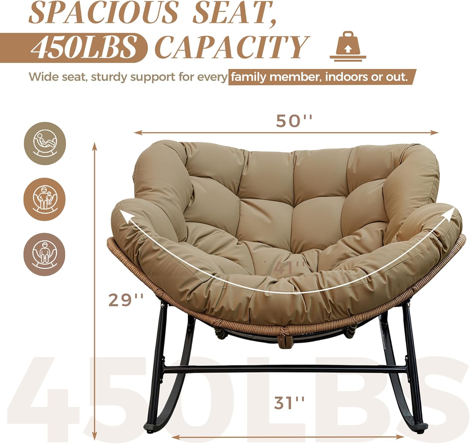 Outdoor Papasan Rocking Chair with Cushion and Frame, Oversized Large Patio Lounge Chairs, Rattan Comfy Egg Recliner Chair, 450 Lbs Capacity Glider Rocker