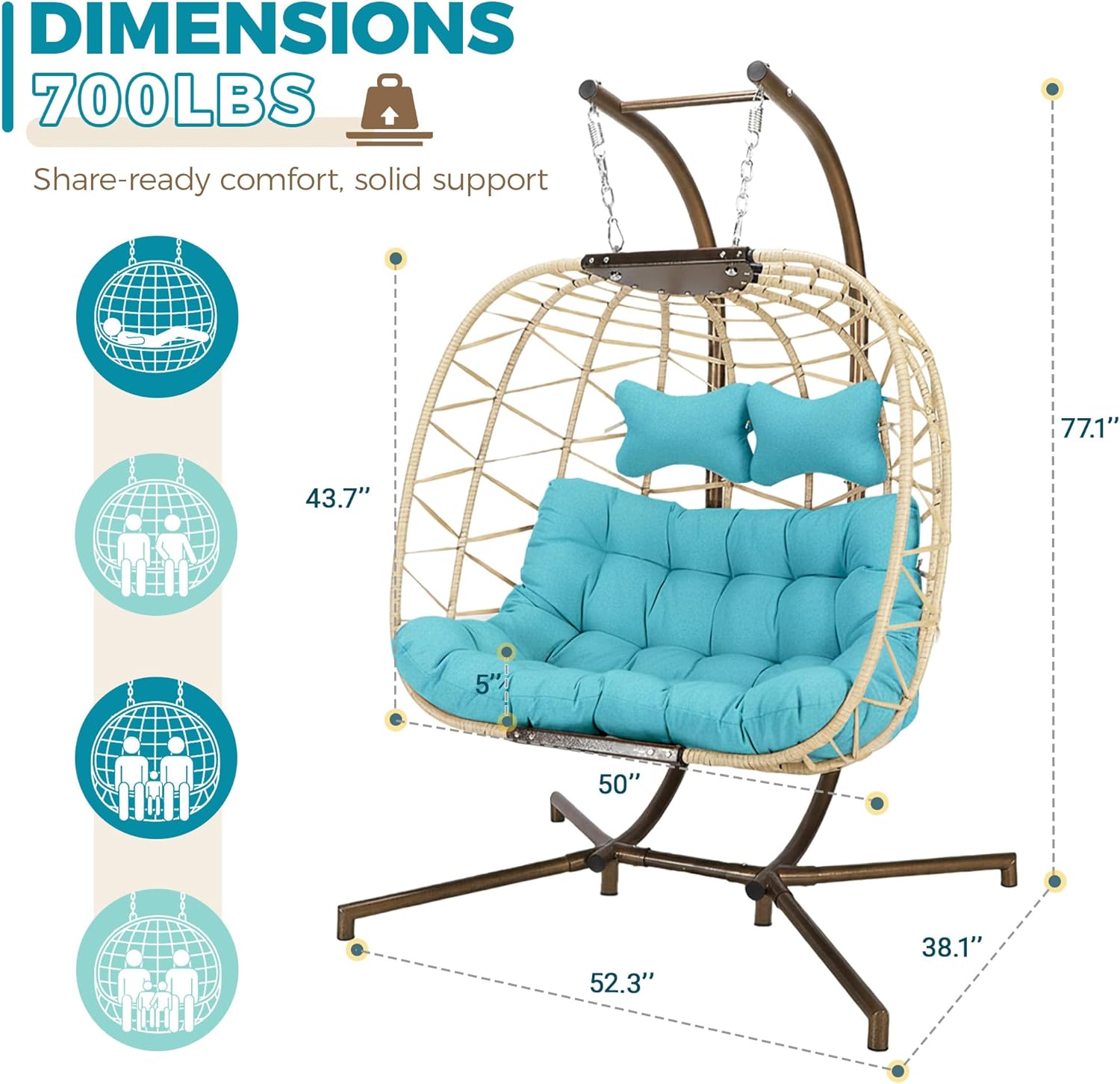 Double Egg Chair with Stand Indoor Outdoor 2 Person Large Wicker Hanging Swing Chair Oversized Twins Patio Loveseat 2 Seat Beige Rattan Light Green Cushions with Cover