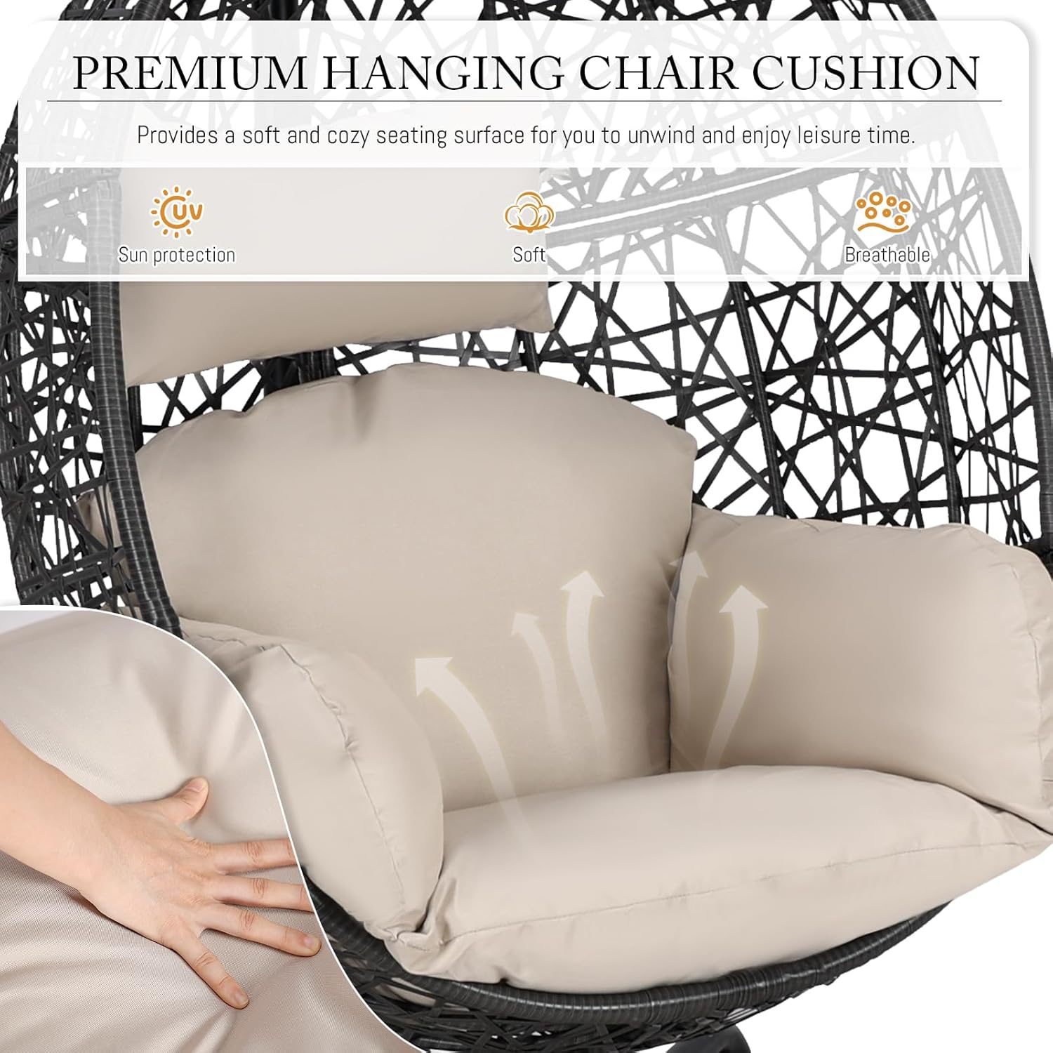 Oversized Hanging Egg Chair with Stand, Indoor Outdoor Grey Wicker Bird Cage Swing Chair, Patio Hammock Swinging Chair with Beige Cushion for Balcony