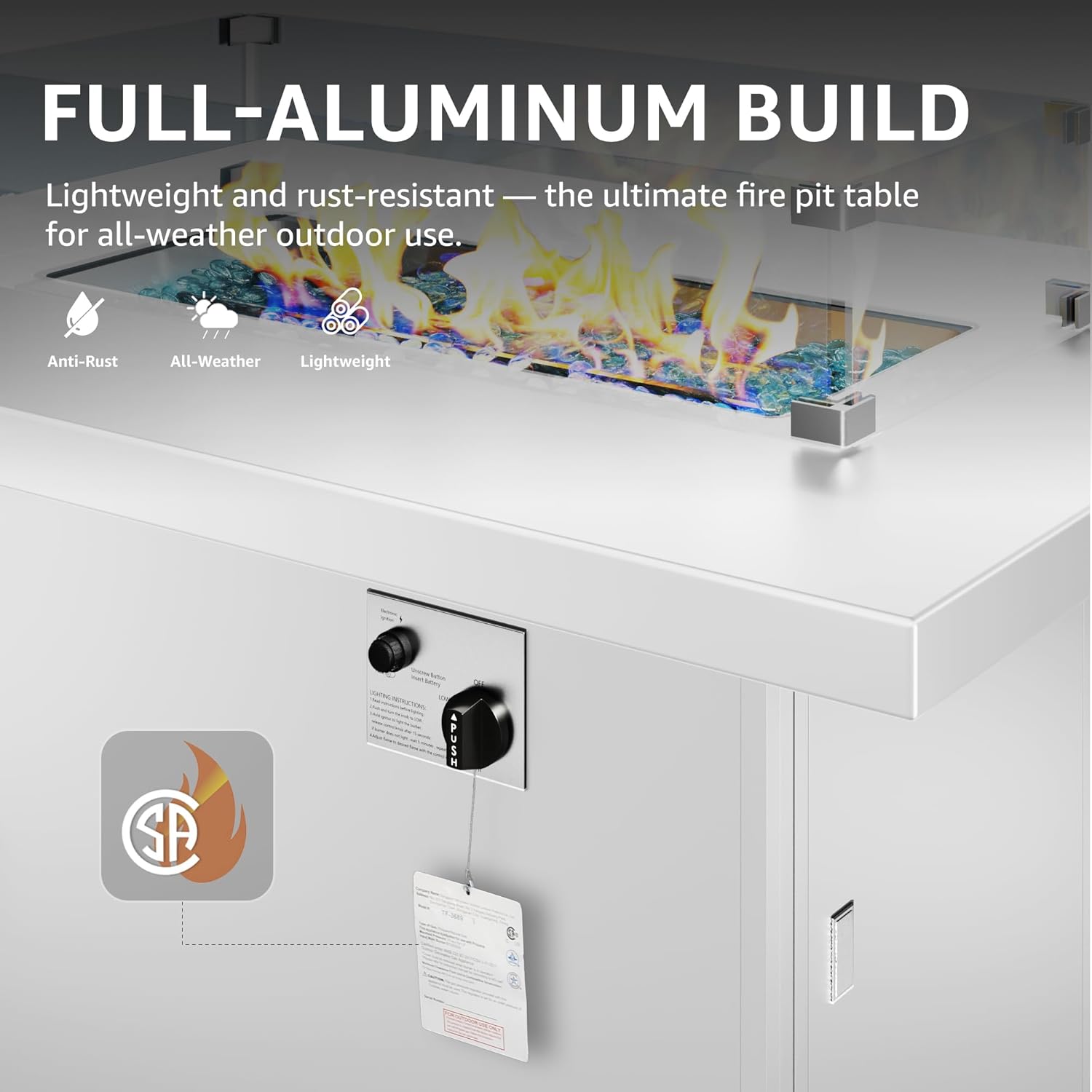 43" Aluminum Outdoor Propane Fire Pit Table, 60,000 BTU Rectangular Firepit Coffee Table with Wind Guard & Glass Stone, Large CSA Safety Approved Fireplace for Backyard Deck Garden