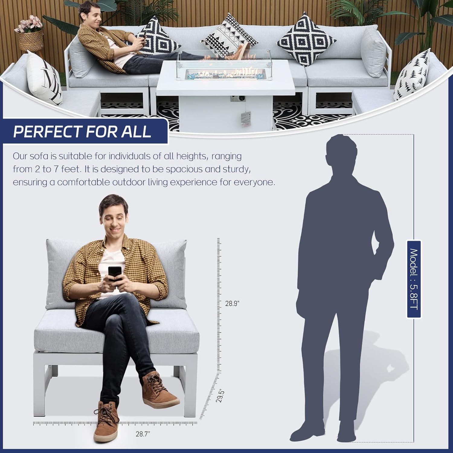 8 Pcs White Aluminum Patio Furniture Set with Fire Pit Table & Light Gray Cushion, Large Modern Outdoor Modular Sectional Sofa