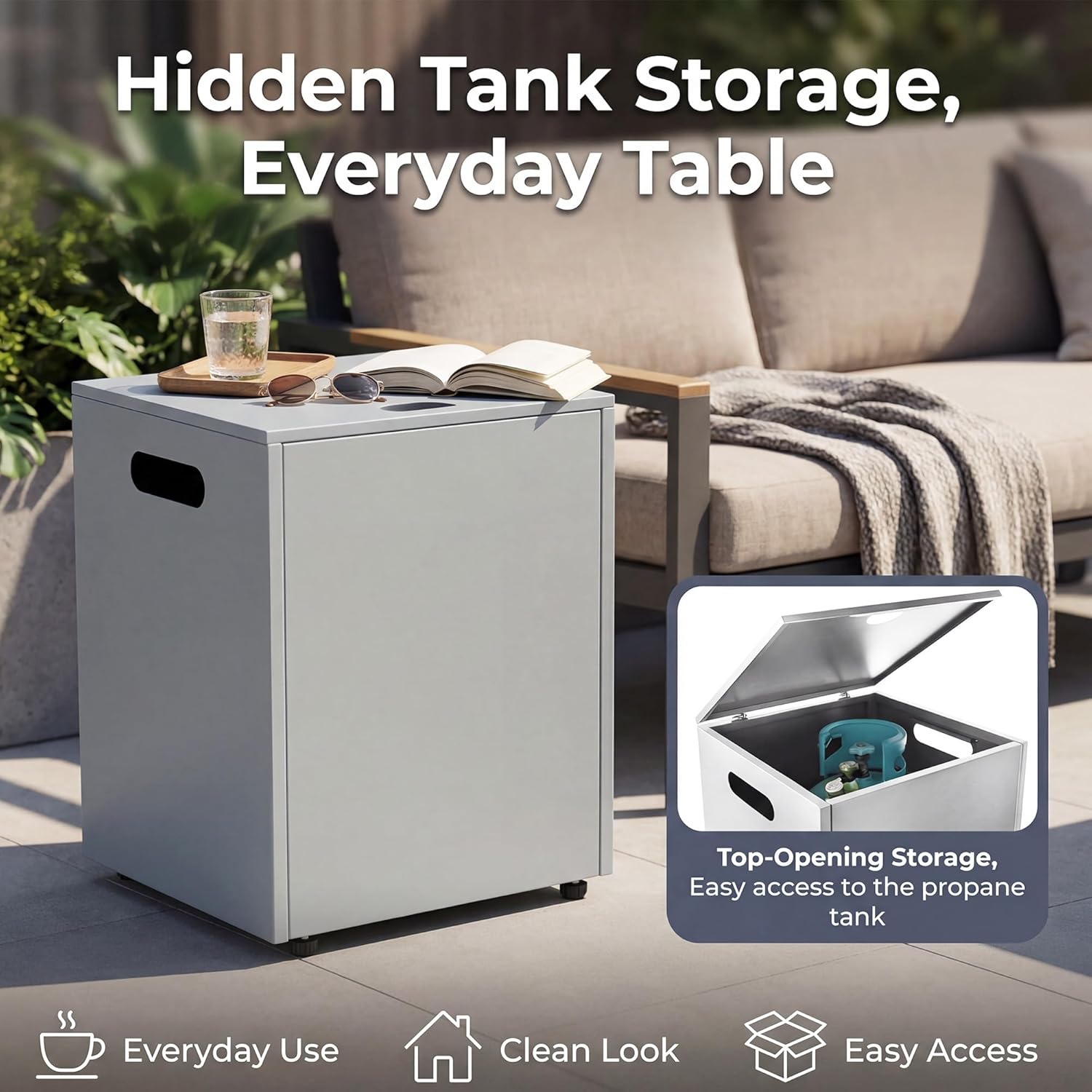 Large Rectangle Outdoor Patio Propane Gas Fire Pit Table Set with Tank Table, 50,000 BTU 42" Fireplace Table with Wind Guard, Removable Lid, Glass Beads, Rain Cover