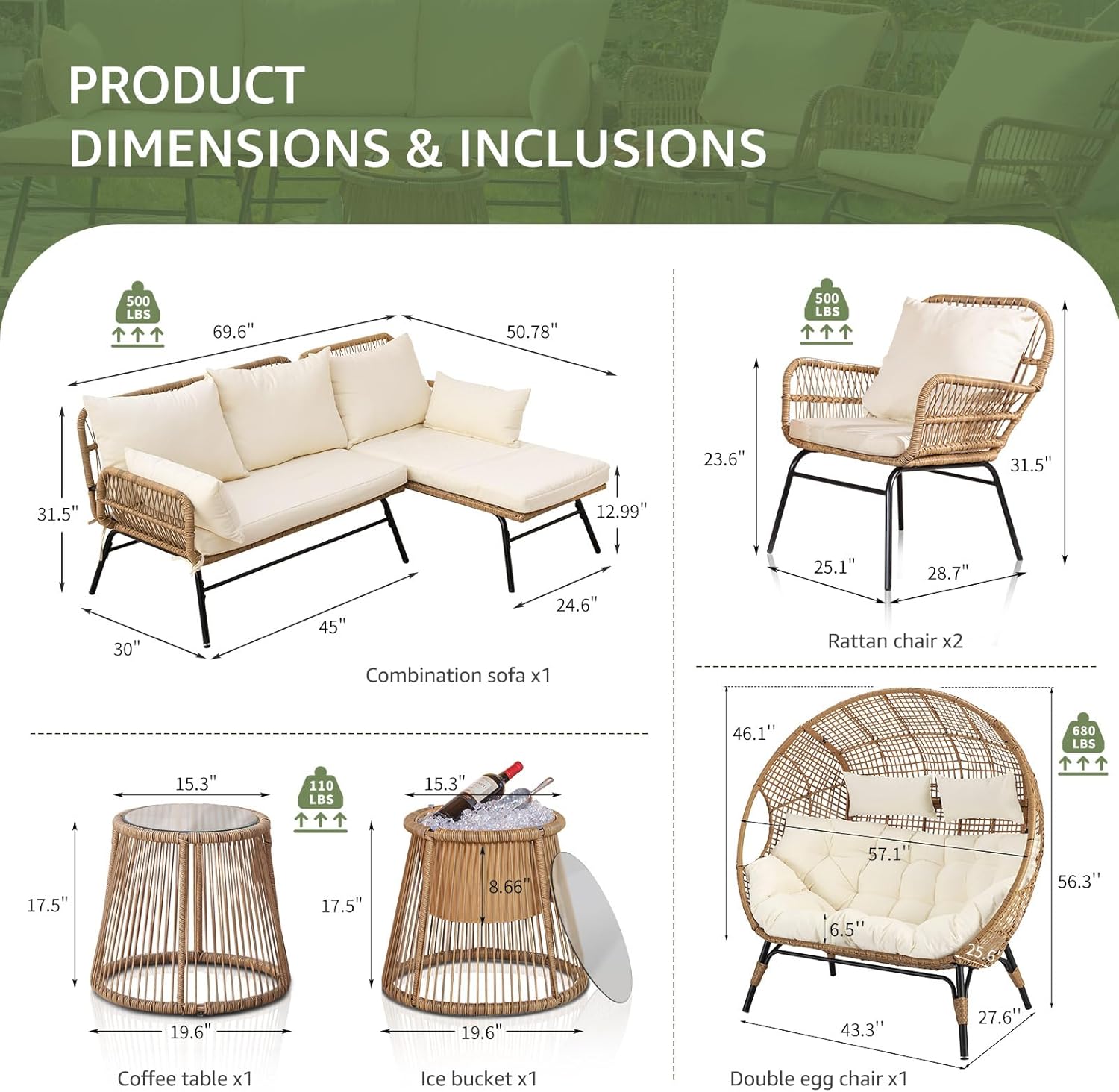 Beige Boho Outdoor Patio Furniture Sets with 2 PE Wicker Chairs, 2 Ottomans and 1 Side Table, Small Conversation Sectional Chair Sets for Backyard