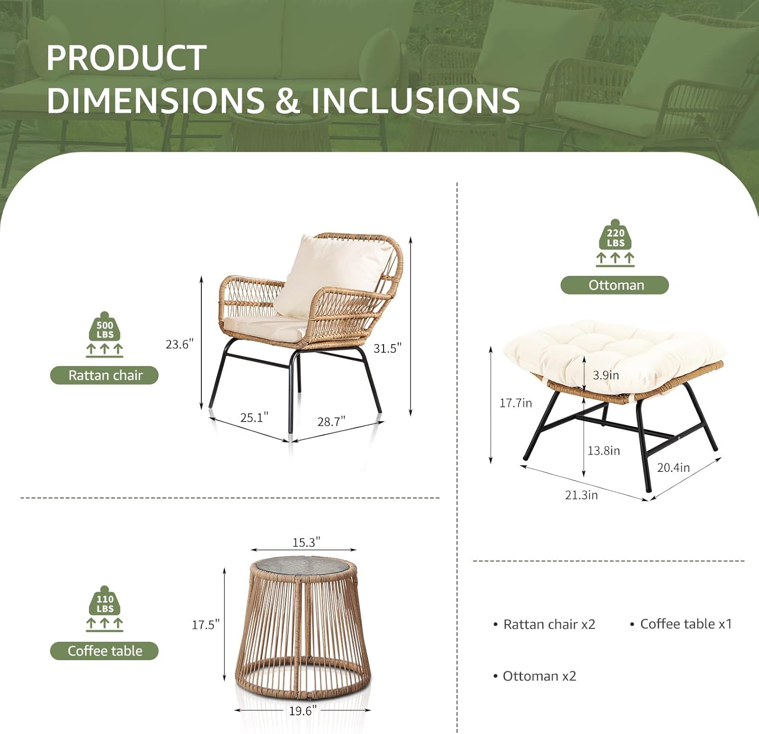 Beige Boho Outdoor Patio Furniture Sets with 2 PE Wicker Chairs, 2 Ottomans and 1 Side Table, Small Conversation Sectional Chair Sets for Backyard