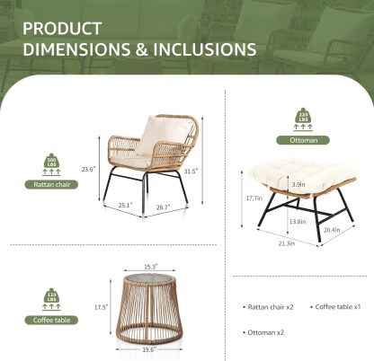 Beige Boho Outdoor Patio Furniture Sets with 2 PE Wicker Chairs, 2 Ottomans and 1 Side Table, Small Conversation Sectional Chair Sets for Backyard