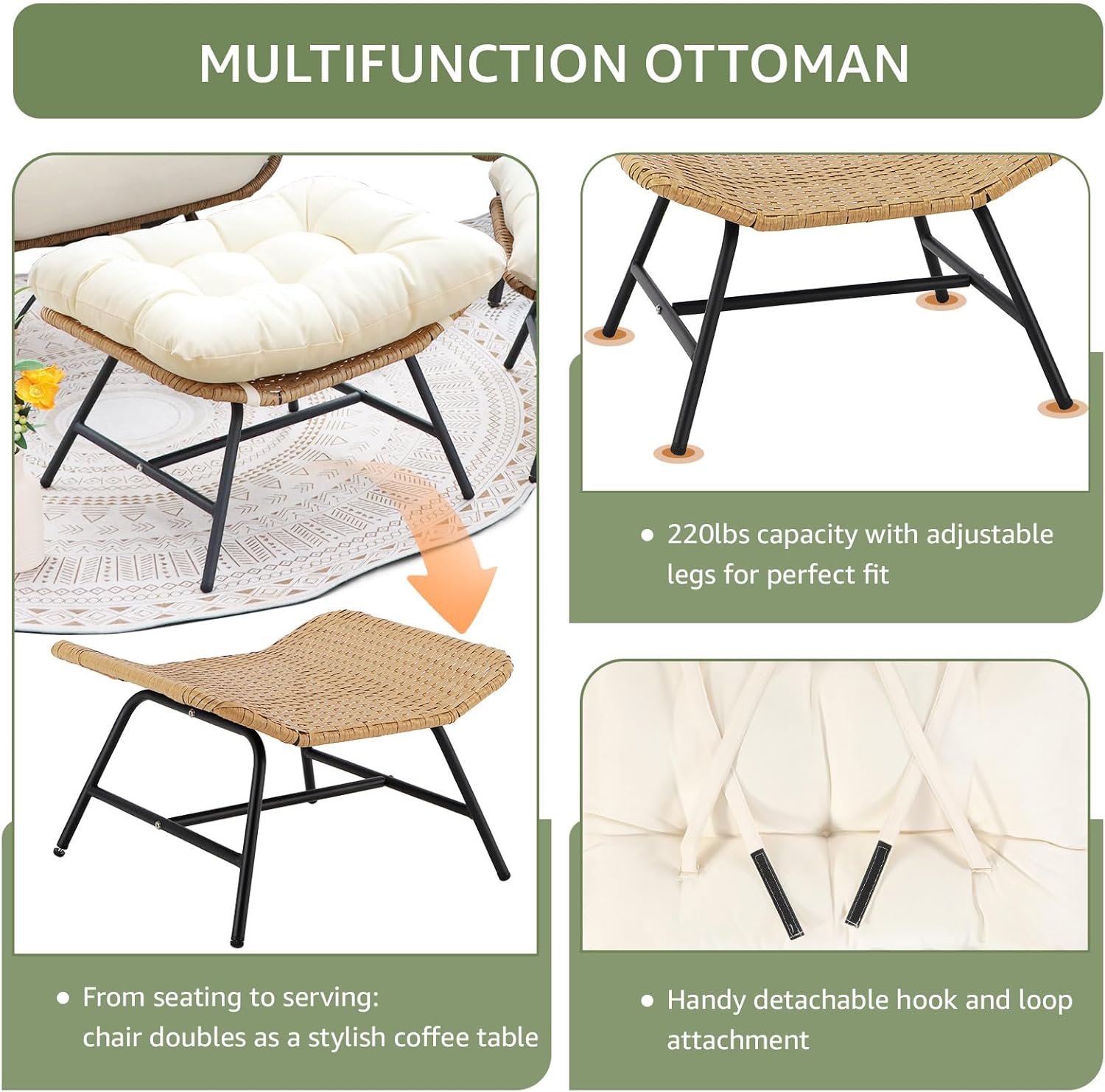 Beige Boho Outdoor Patio Furniture Sets with 2 PE Wicker Chairs, 2 Ottomans and 1 Side Table, Small Conversation Sectional Chair Sets for Backyard