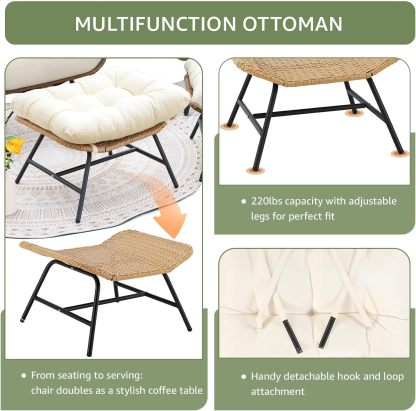 Beige Boho Outdoor Patio Furniture Sets with 2 PE Wicker Chairs, 2 Ottomans and 1 Side Table, Small Conversation Sectional Chair Sets for Backyard