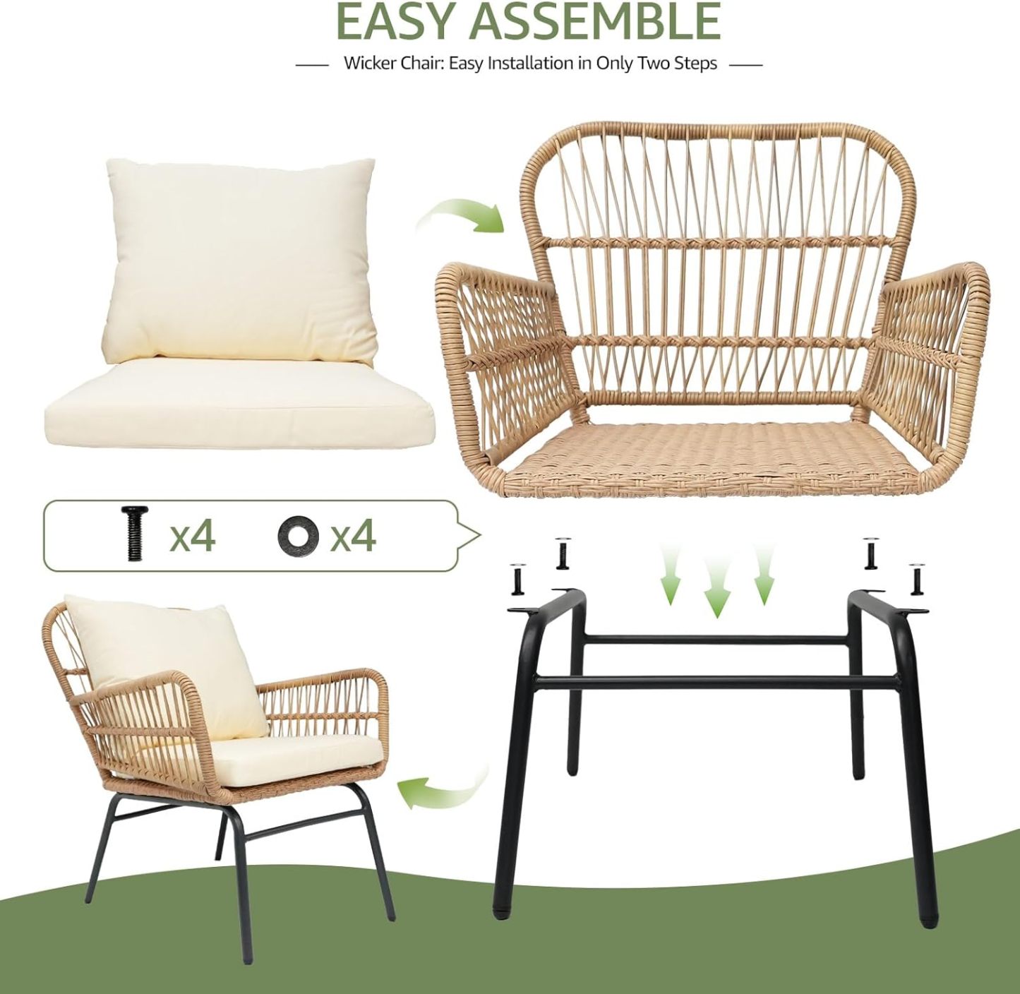 Beige Boho Outdoor Patio Furniture Sets with 2 PE Wicker Chairs, 2 Ottomans and 1 Side Table, Small Conversation Sectional Chair Sets for Backyard