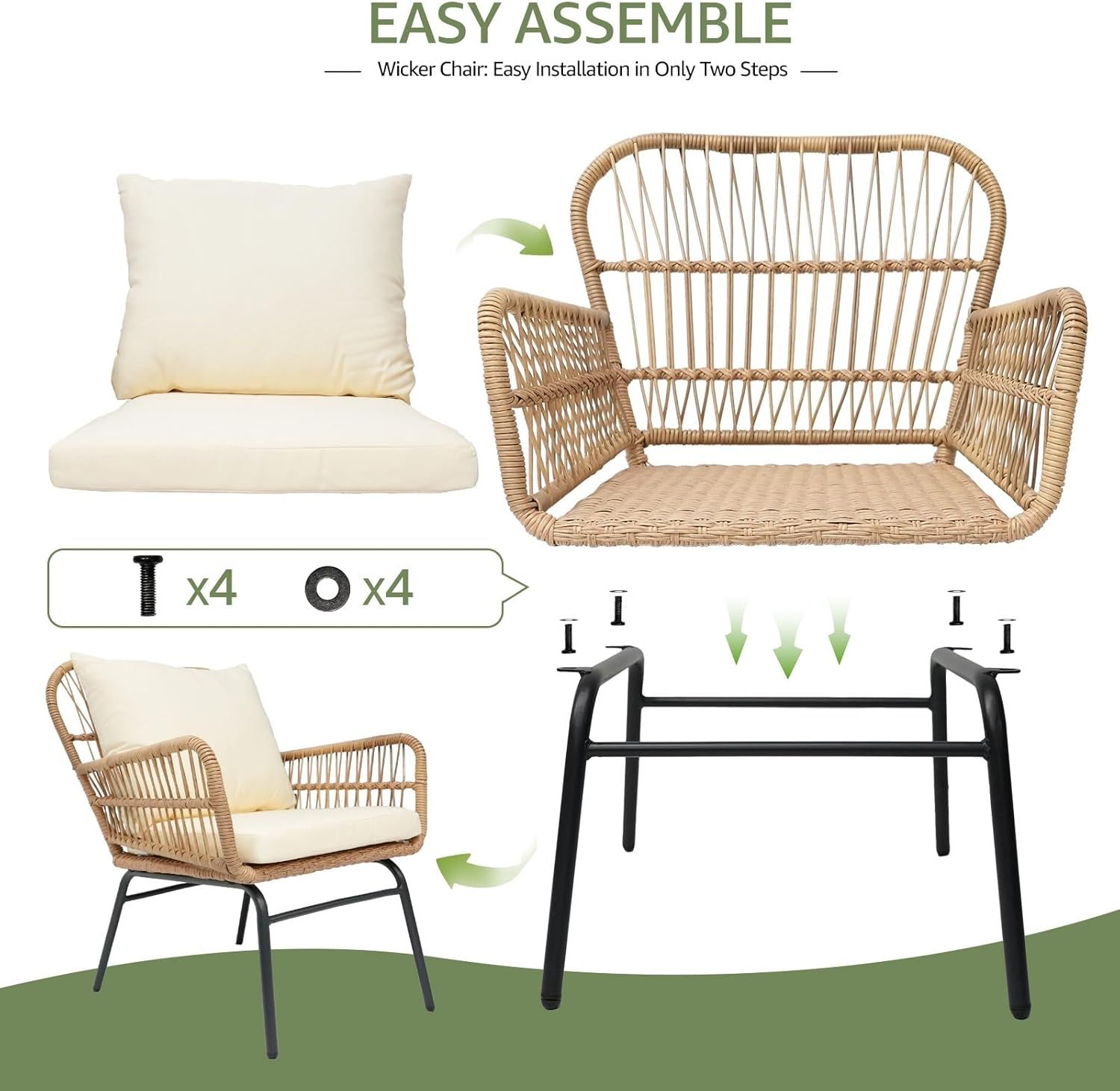 Beige Boho Outdoor Patio Furniture Sets with 2 PE Wicker Chairs, 2 Ottomans and 1 Side Table, Small Conversation Sectional Chair Sets for Backyard