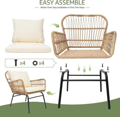 Beige Boho Outdoor Patio Furniture Sets with 2 PE Wicker Chairs, 2 Ottomans and 1 Side Table, Small Conversation Sectional Chair Sets for Backyard