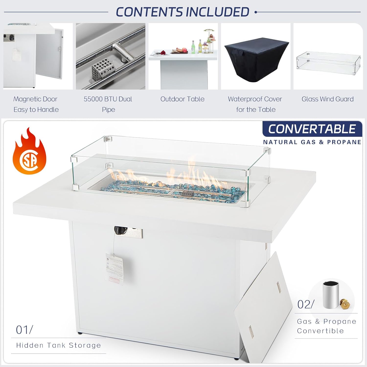 8 Pcs White Aluminum Patio Furniture Set with Fire Pit Table & Light Gray Cushion, Large Modern Outdoor Modular Sectional Sofa