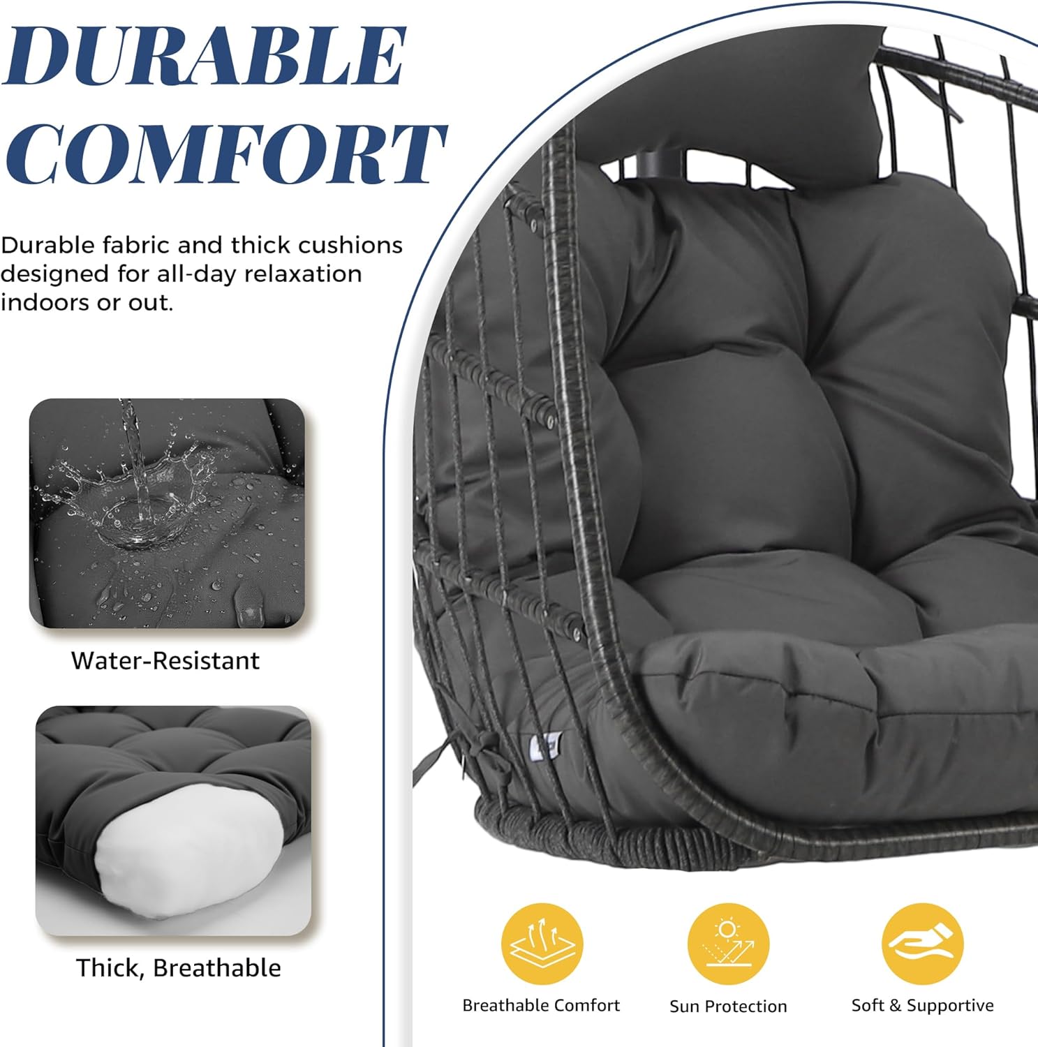 Outdoor Egg Swing Chair with Stand, 350 Lbs Heavy-Duty Rattan Hammock Hanging Wicker Patio Chair with Cushion