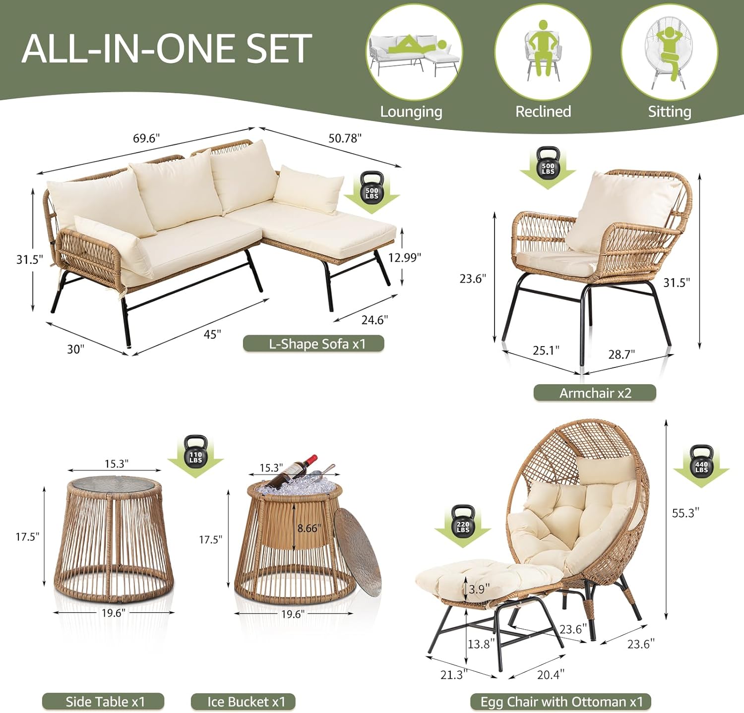 6 Pcs Boho Outdoor Patio Furniture Sets, L Shaped Natural Color Wicker Conversation Sectional Sofa w/Cozy Beige Cushion & Ice Bucket