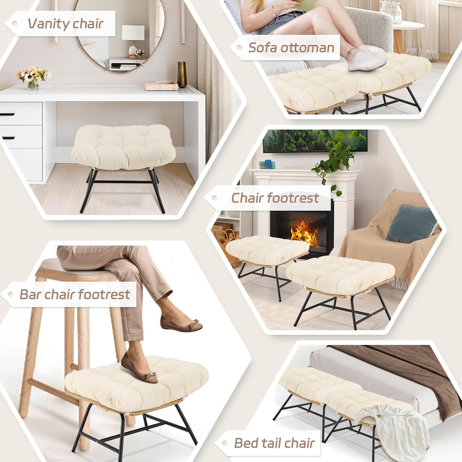 2 Pieces Outdoor Patio Ottomans, Multipurpose All Weather PE Rattan Ottoman Set, Indoor Outdoor Wicker Footrest with Removable Thicken Padded Cushions