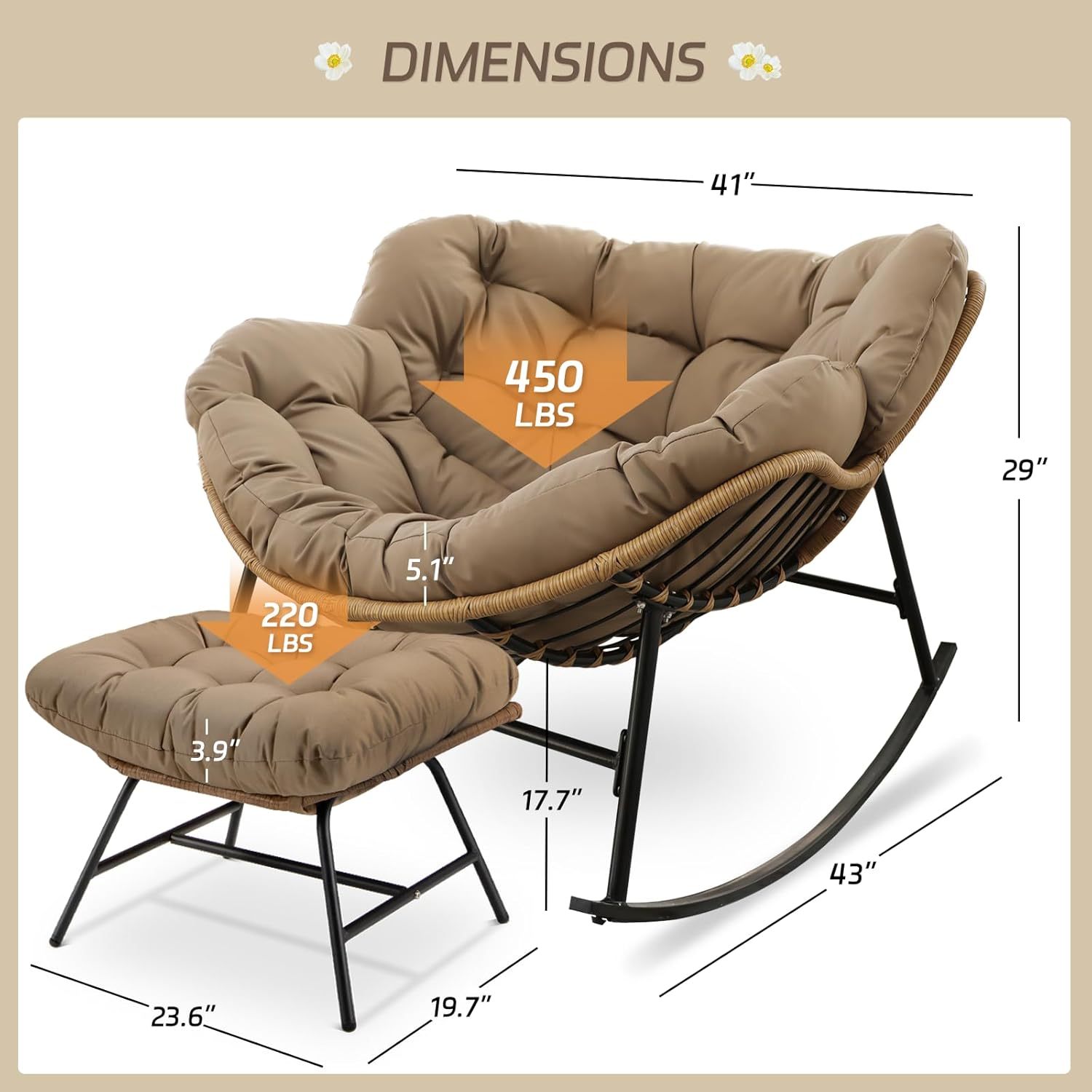 4 PCS Rocking Papasan Chair with Ottoman, 2 Person Patio Egg Rocker with Brown Cushion, Double Rocking Chair for Reading/Relaxing, Comfortable Wicker Recliner for Balcony, Porch, Garden